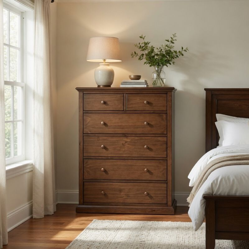 Umer Tall Dresser Chest, 6 Tinted Drawers, Plinth Base, Medium Brown Wood image number 8