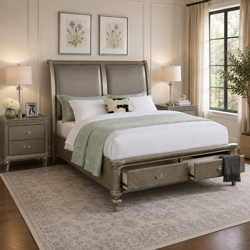 Queen Bedroom Set, Gold Wood, 3 Piece Set with 2 Nightstands image number 1