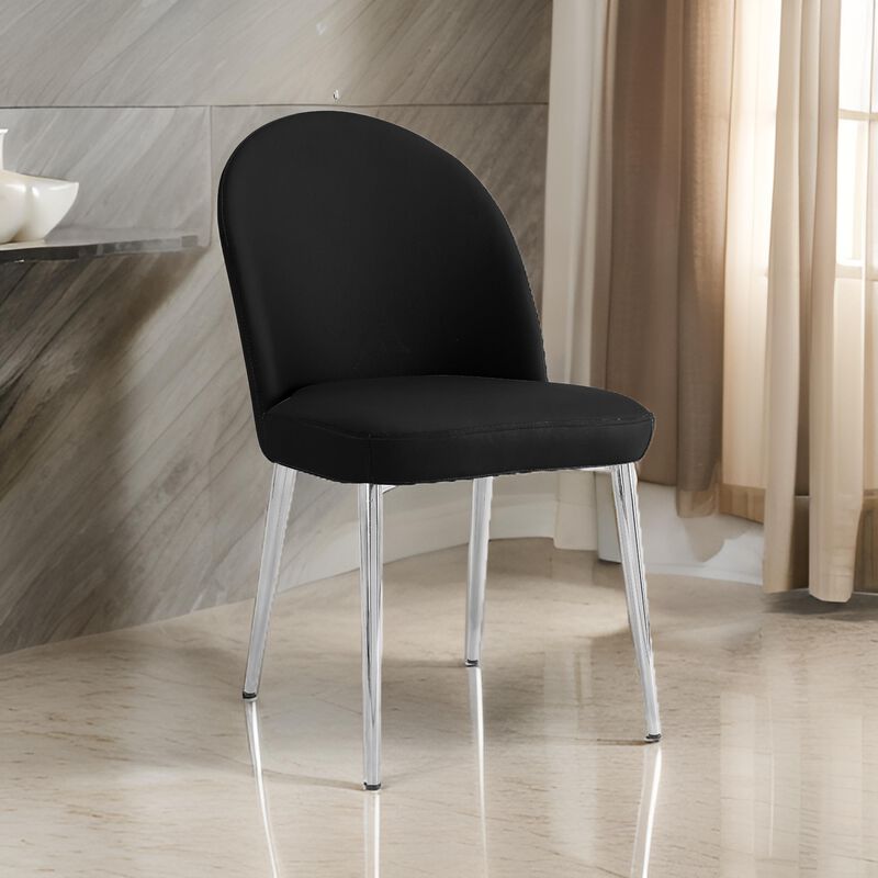 Era 24 Inch Set of 2 Dining Chairs, Curved Back, Black Faux Leather, Chrome - Benzara
