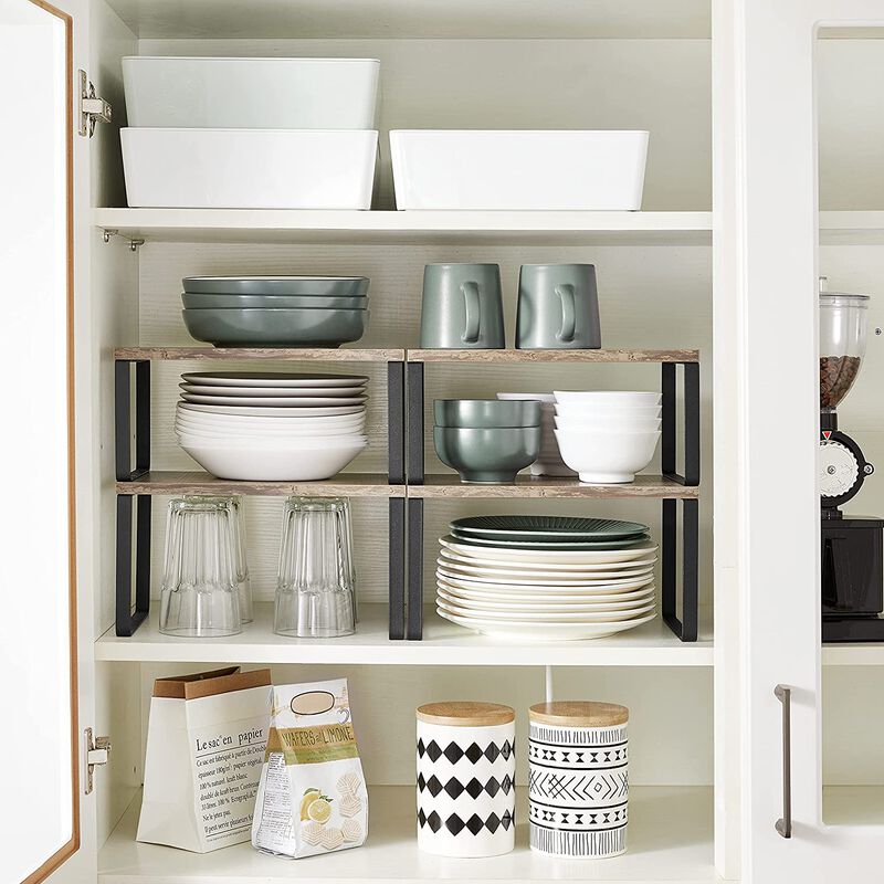 Set of 4 Stackable Cabinet Shelf Organizers - Metal and Particleboard Kitchen Counter Shelves, Expandable