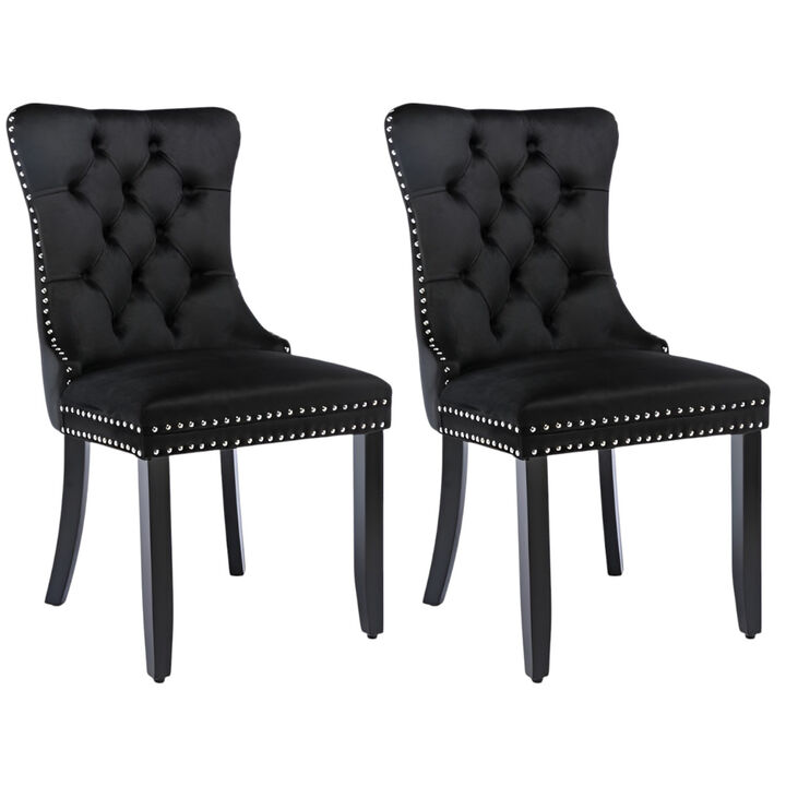 Velvet Upholstered Dining Chairs, Set of 2 &ndash; Tufted Back & Wood Legs