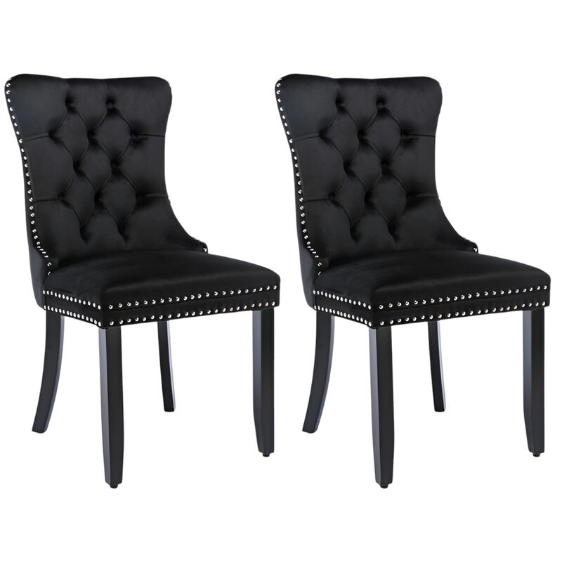 Velvet Upholstered Dining Chairs, Set of 2 &ndash; Tufted Back & Wood Legs