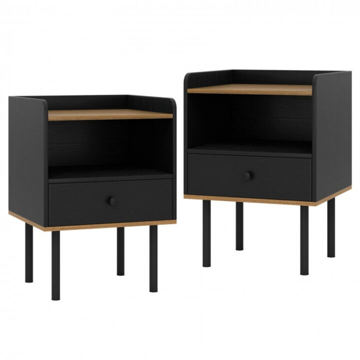 Set of 2 Bedside Nightstand with Storage Drawer and Open Shelf for Bedroom-Black