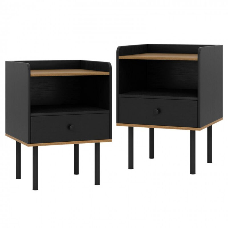 Set of 2 Bedside Nightstand with Storage Drawer and Open Shelf for Bedroom-Black image number 0