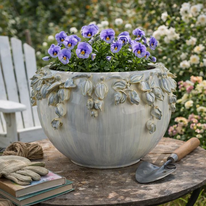 Decorative Bowl Planter, White Ceramic with Floral Garland Rim, 12 Inch