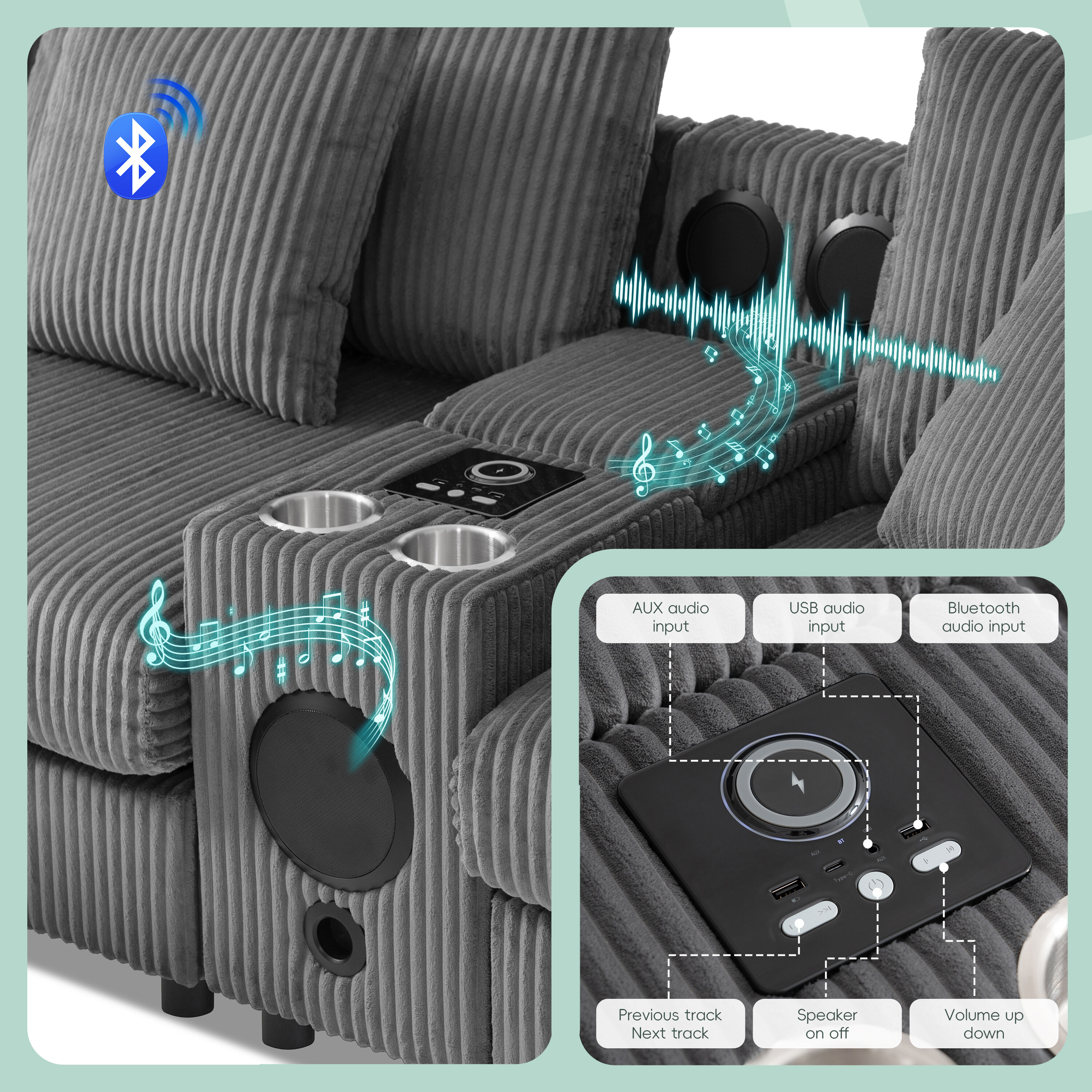Corduroy Sectional Sofa with Bluetooth Speakers,Built-in Charging