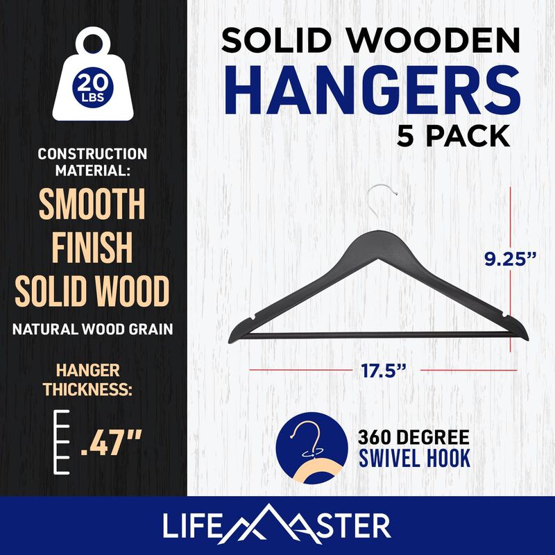 Lifemaster Wooden Clothes Hangers &ndash; With 360 Degree Swivel Hook and Non-Slip Shoulder Notch, Holds Up To 10 lbs, Pants Bar Design, For Organizing Suit, Dress, Coat, and Clothes, Pack of 5, Black image number 1