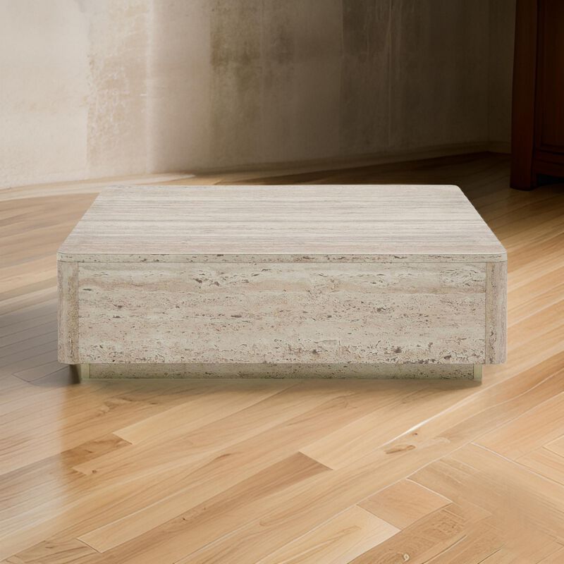 Lia 39 Inch Coffee Table, Square Travertine Stone Finish Laminated Top