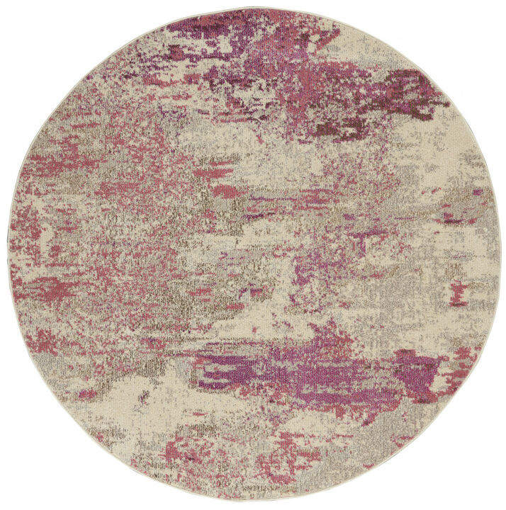 5 X 5 Ivory And Pink Round Abstract Power Loom Non Skid Area Rug