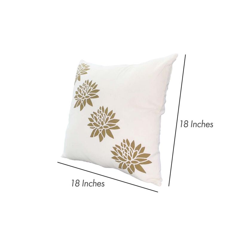 18 x 18 Square Accent Pillows, Soft Cotton Cover, Printed Lotus Flower, Set of 2, Gold, White-Benzara