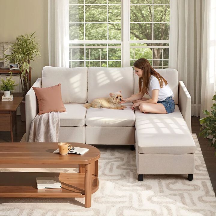 3 Seater Modular Sectional Sofa with Hidden Storage Ottoman for Living Room