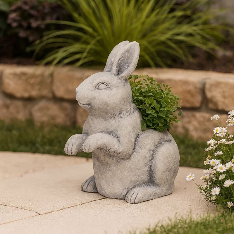 Antique Styled Raw Textured Polyresin Standing Rabbit Planter, Gray image number 1