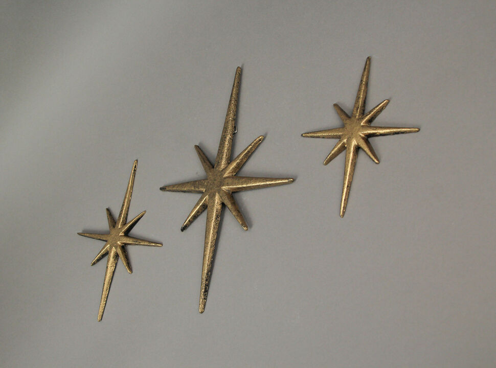 Set of 3 Metallic Gold Cast Iron Starburst Wall Hangings 8 Pointed Stars