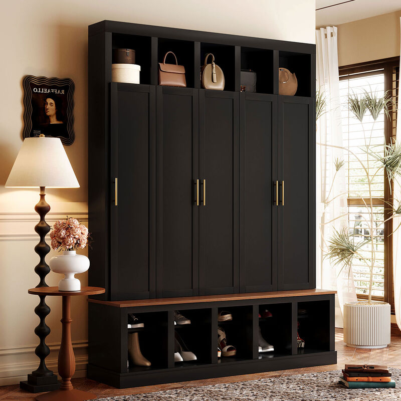 Merax All-in-One Hallway Organizer with 3 Closed Lockers, Inner Hooks & Hanging Rods Hall Tree image number 1