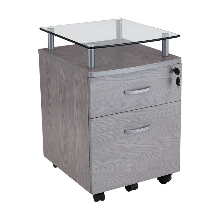 Rolling File Cabinet with Glass Top, Grey