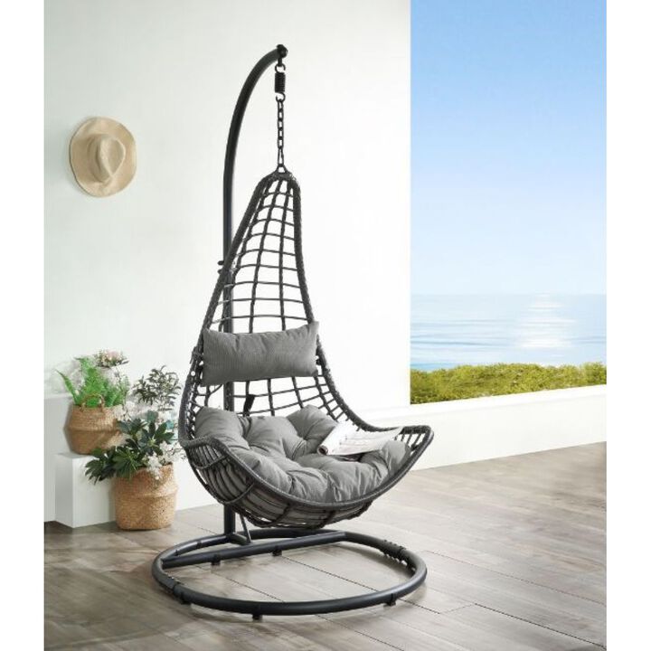 Uzae Patio Hanging Chair with Stand, Gray Fabric & Charcoal Wicker