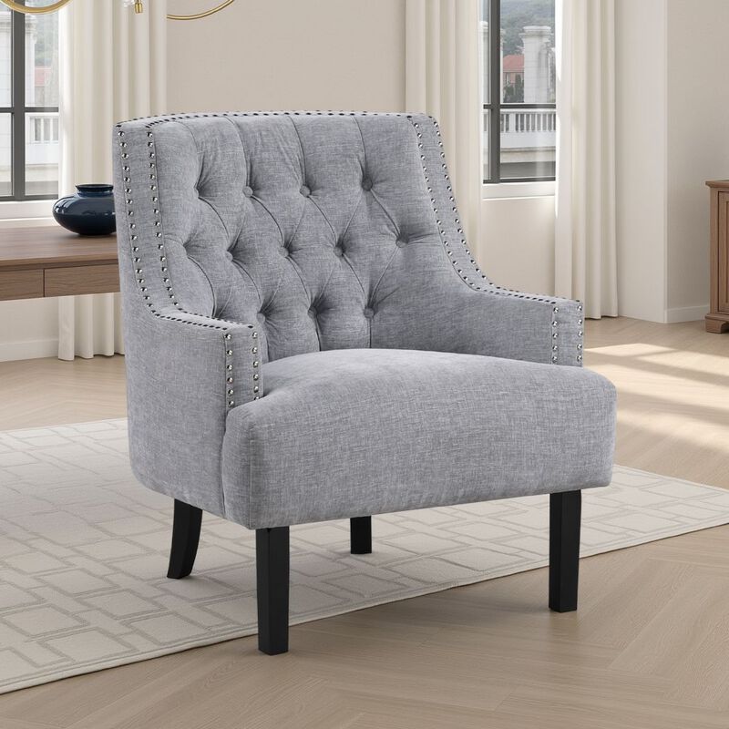 Daisie Accent Armchair, Button Tufted Gray Chenille, Solid Wood