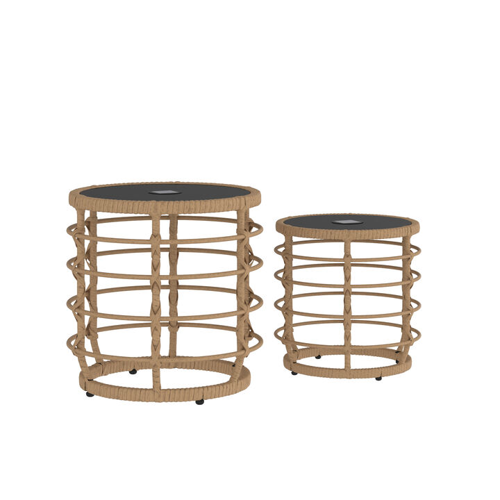 FUFU&GAGA Side Tables with Built-in Solar Lights - Set of 2, Black Iron Frame with Yellow Rattan Weave, Glass Top, (17.7" x 17.7" x 17.7" & 13.8" x 13.8" x 13.8"), Solar-Powered Ambient Lighting