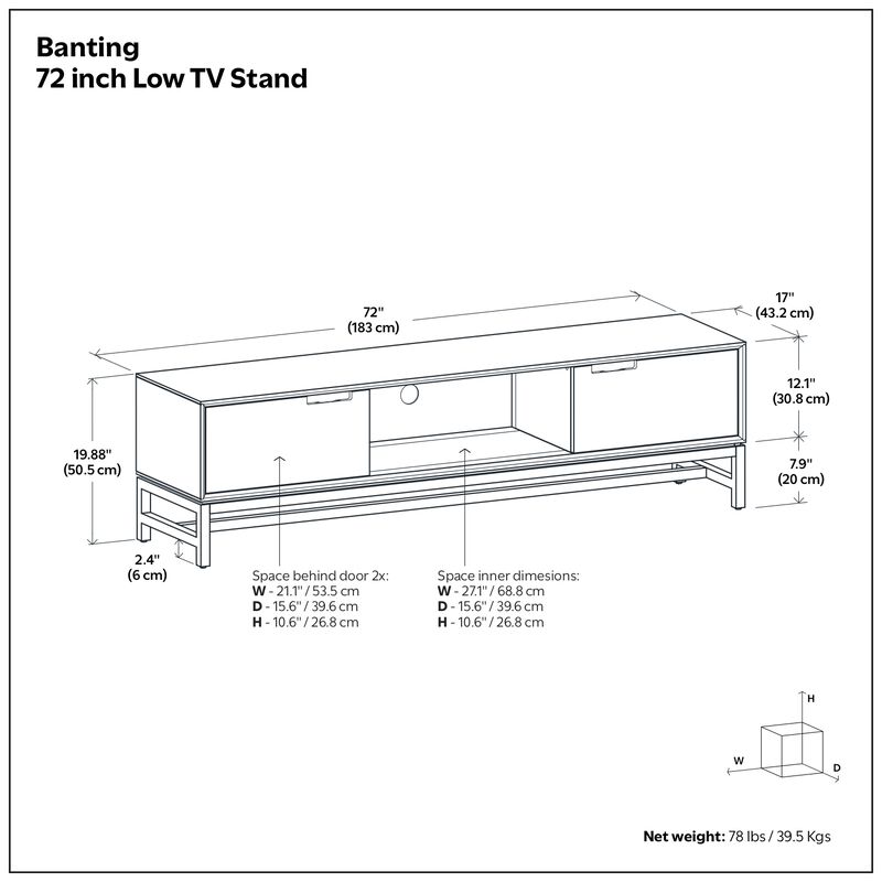 Banting SOLID HARDWOOD 72 inch Wide Modern Industrial TV Media Stand in Walnut Brown For TVs up to 80 inches
