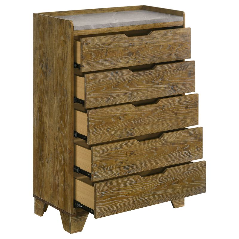 Nolan Tall Dresser Chest with Faux Marble Top, 5 Drawers, Brown Wood image number 4