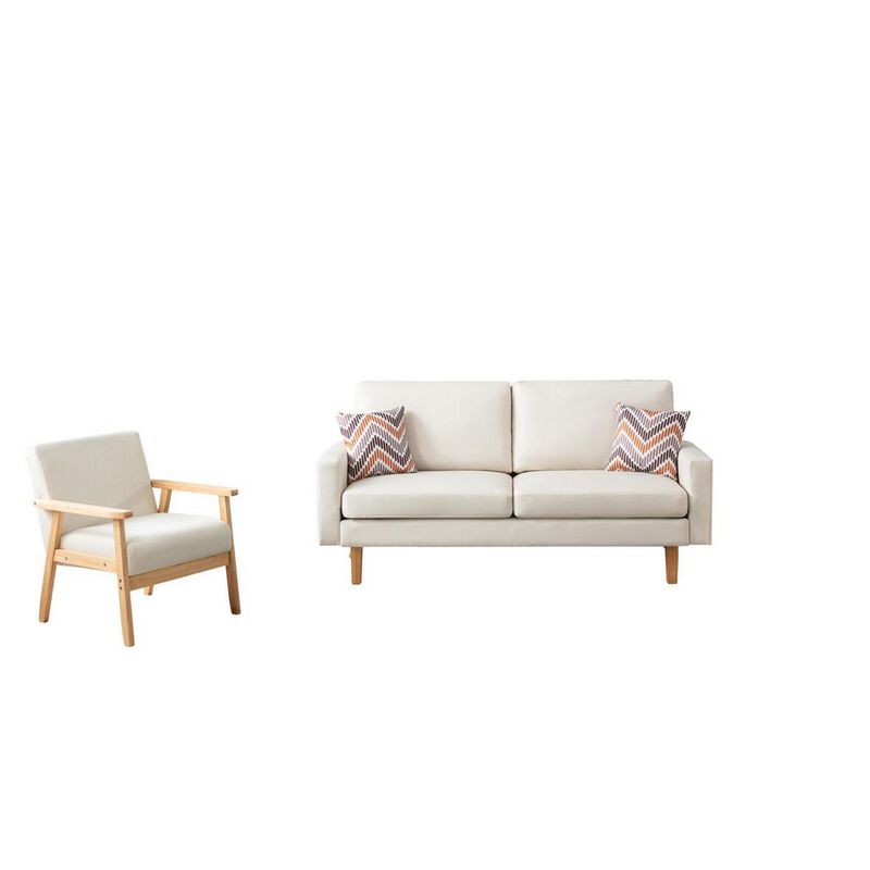 Gala 2 Piece Sofa and Chair Set, Ivory Fabric, 2 Pillows, Brown Wood Frame-Benzara image number 1