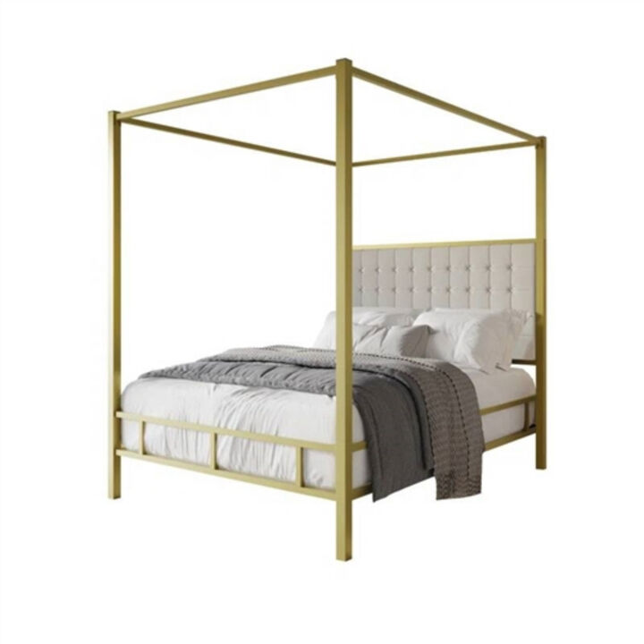 Metal Canopy Bed with Upholstered Button-Tufted Headboard