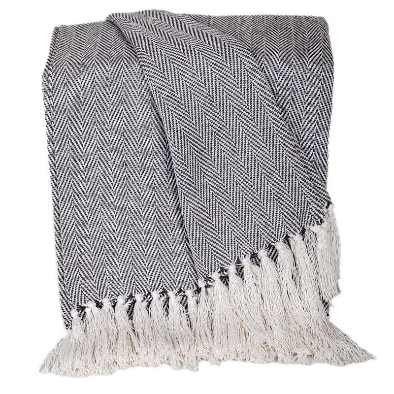 HomeRoots 52" X 67" Gray and Ivory Woven Cotton Herringbone Throw Blanket with Fringe image number 0