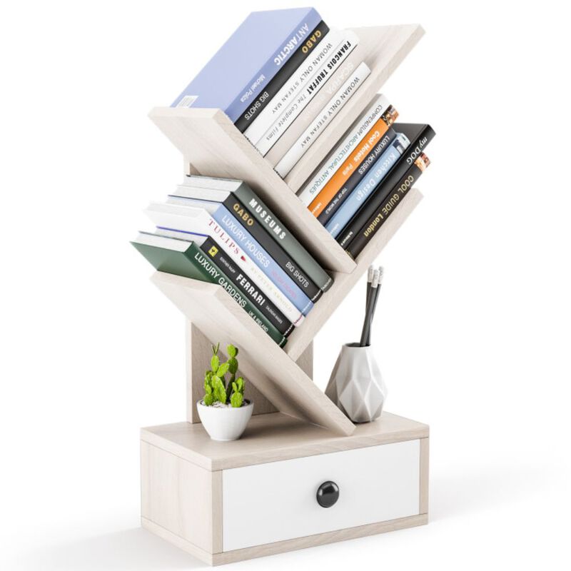 Hivago 5-Tier Floor Standing Tree Bookcase with Drawer