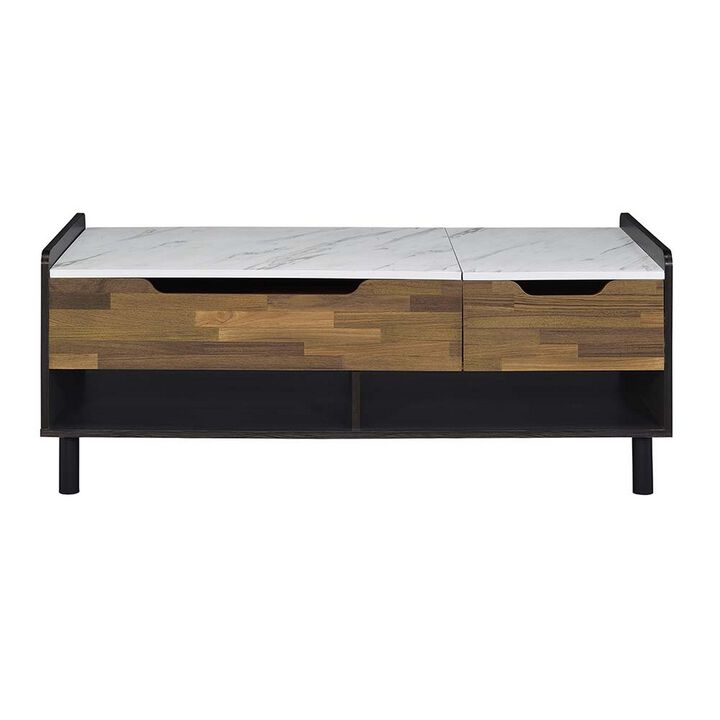 47 Inch Coffee Table, Faux Marble Finished Top, Lift Top, Brown, Black - Benzara