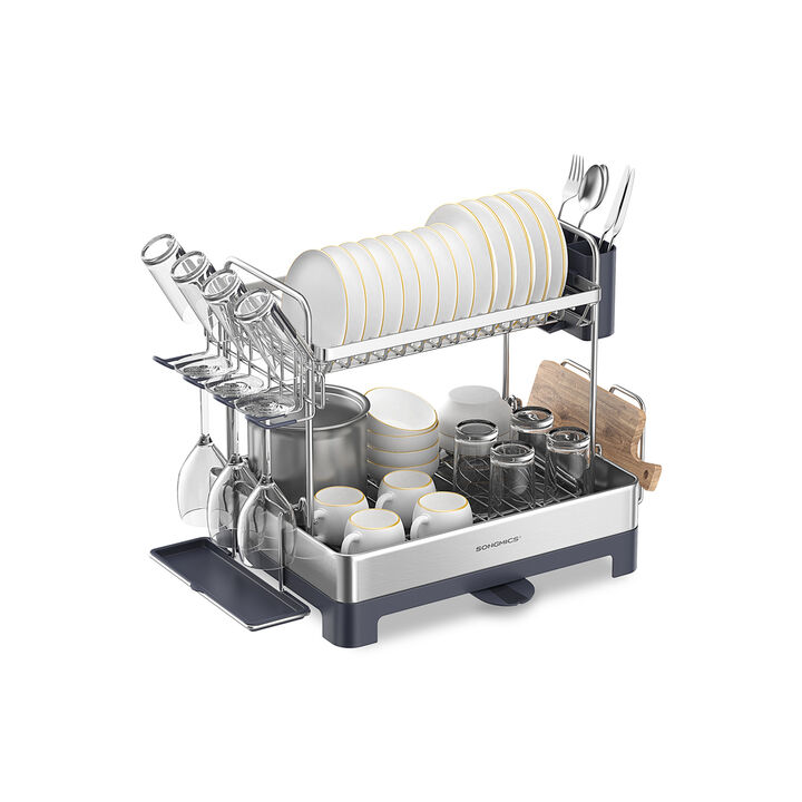 2-Tier Dish Rack with Draining Tray Space-Saving Stainless Steel Design