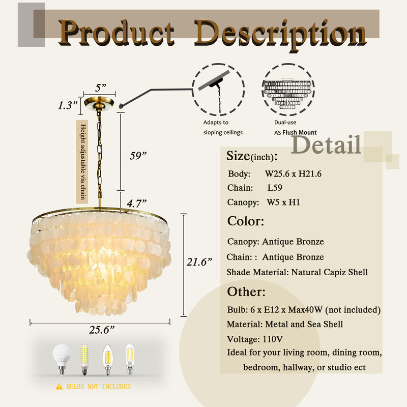 6-light Tiered Coastal Natural Capiz Shell Chandelier image number 6