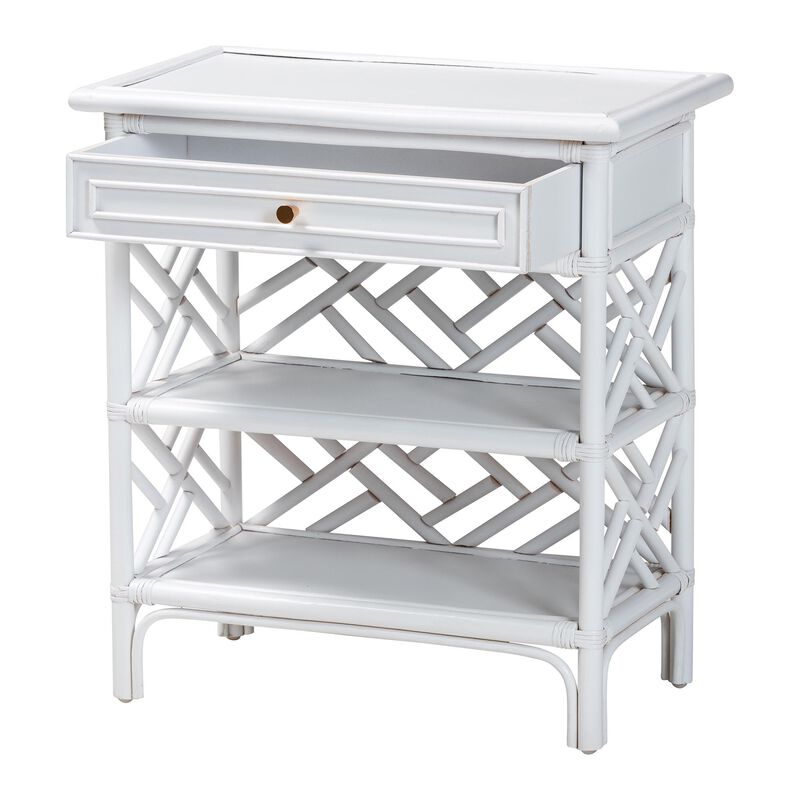 bali & pari Tiaret Natural Rattan Nightstand with Drawer and Shelves – Chippendale-Style Bedside Table for Bedroom or Coastal Living Spaces, White