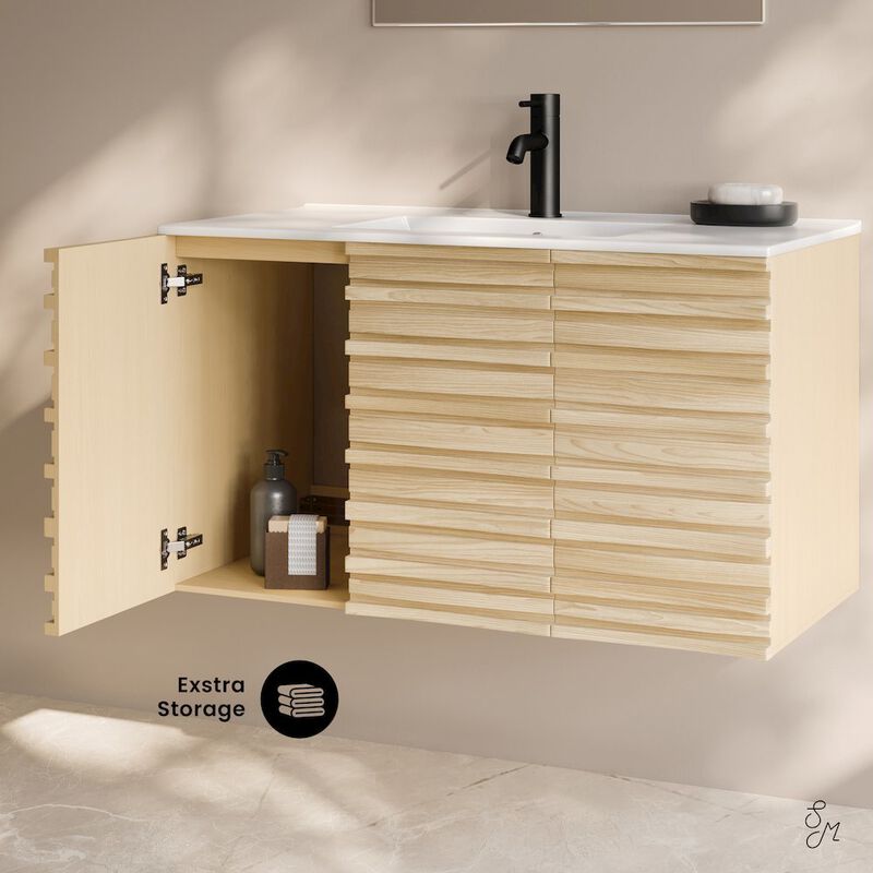 Cascade 36" Wall-Mounted Bathroom Vanity in Natural Oak with Sink Top image number 2