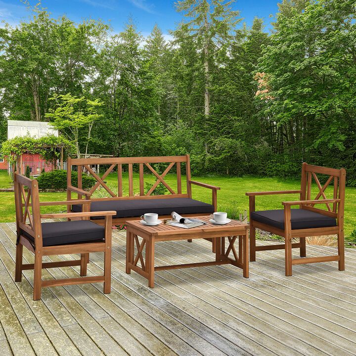 4-Piece Acacia Wood Backyard Conversation Chat Seating Set w/ Cushions Teak/Grey