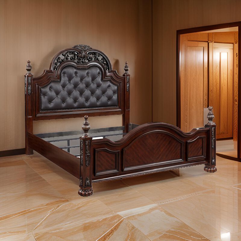 Amio Queen Bed, Button Tufted Faux Leather Headboard, Cherry Brown Wood