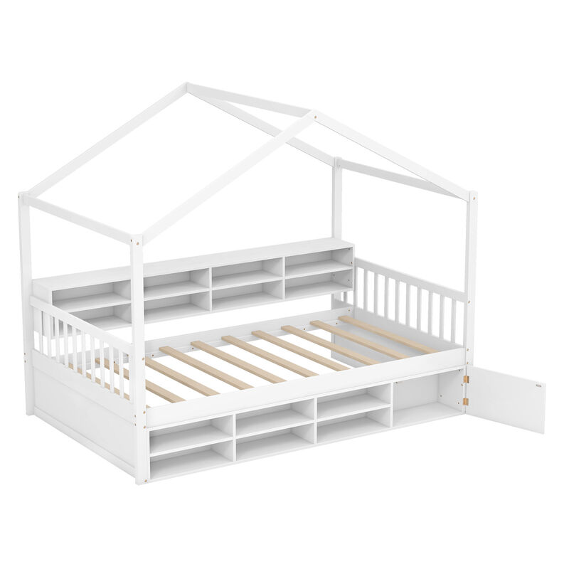 Fun House Bed with Roof Design, 14 Storage Compartments & Cabinet