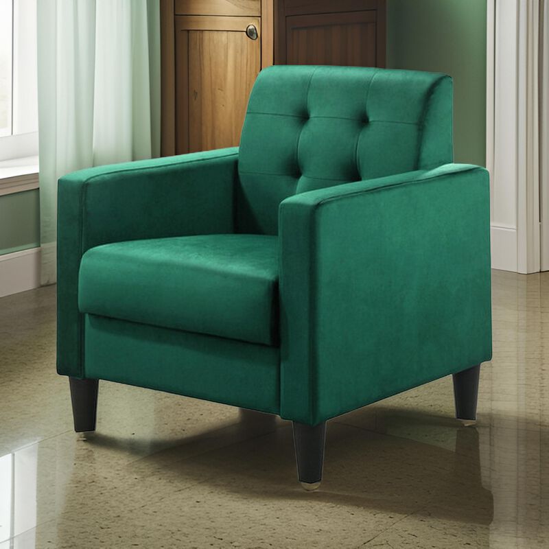 Oz 28 Inch Modern Accent Armchair with Foam Cushion, Tufted Green Velvet