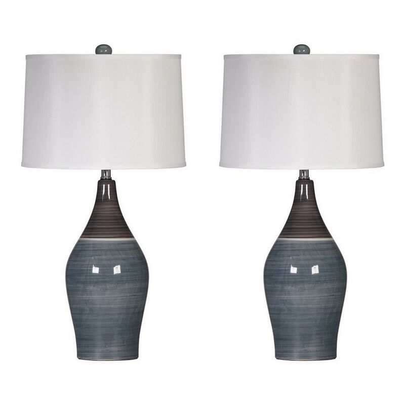 Pot Bellied Ceramic Table Lamp with Brushed Details,Set of 2,Gray and White-Benzara