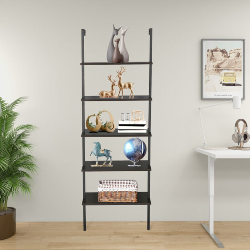 Industrial 5-Tier Ladder Shelf with Wood Shelves and Metal Frame