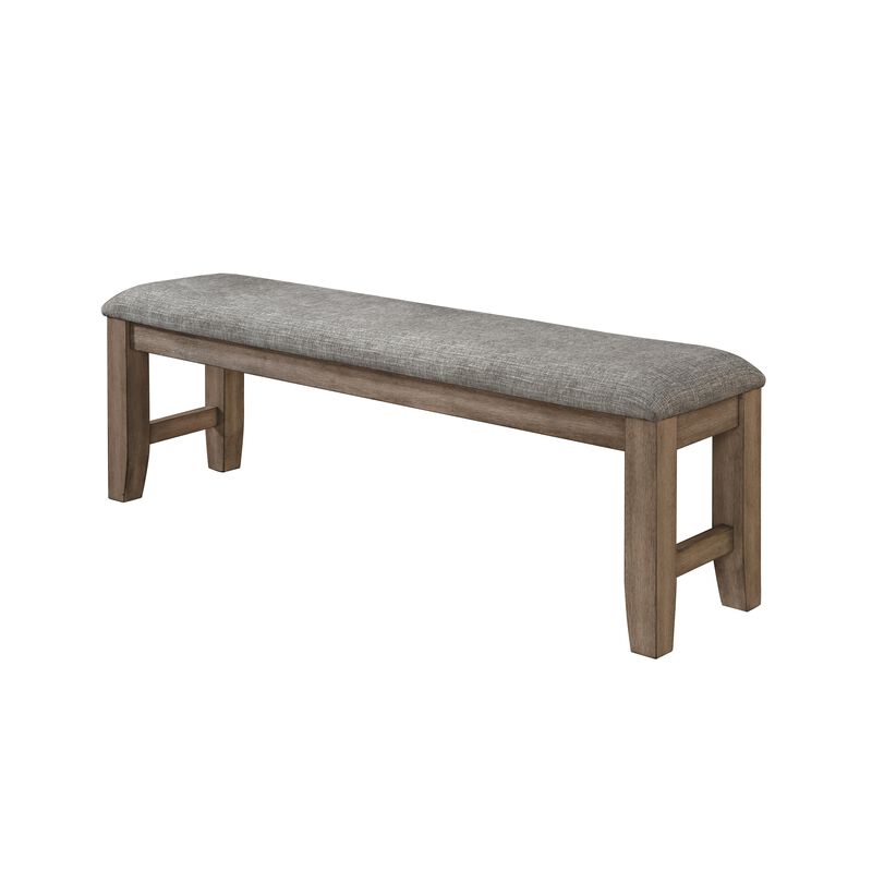 Harris Dining Bench, Gray Fabric, Brown Solid Rubberwood, 60 Inch - Benzara