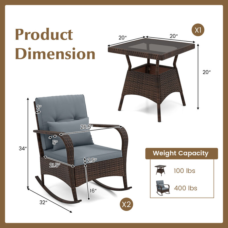 3-Piece Outdoor Rocking Chair Set with Glass Coffee Table for Patio and Poolside image number 4