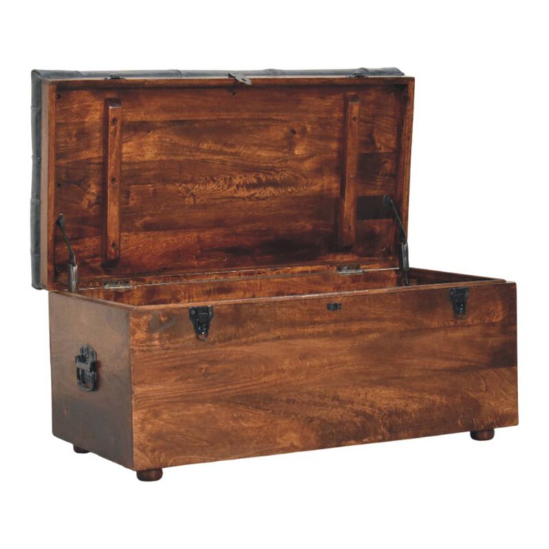 Artisan Furniture Solid Wood Black Buffalo hide leather Storage Trunk