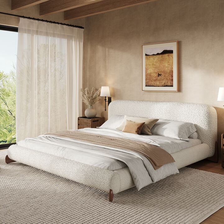 Christopher Knight Home Trustworthy Modern Upholstered Boucle Platform Bed with Thick Curved Headboard