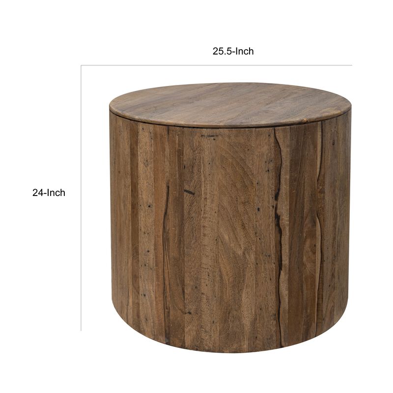Eray Side End Table, 26 Inch Round Drum Top, Brown Solid Mango Wood image number 5