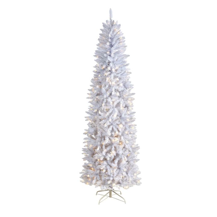 Nearly Natural 8-ft Slim White Artificial Christmas Tree with 400 Warm White LED Lights and 1348 Bendable Branches