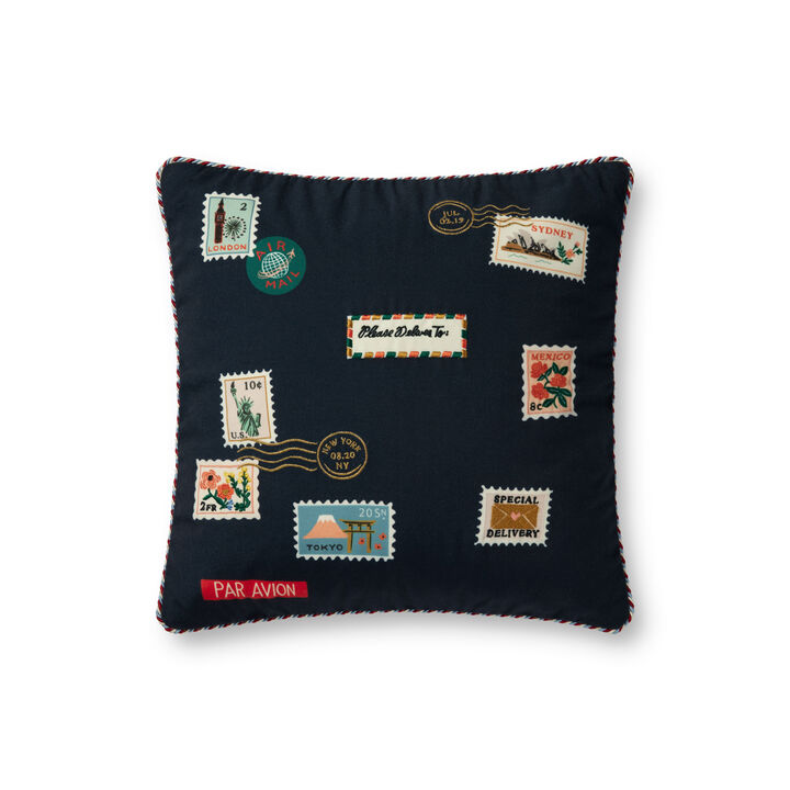 POSTAGE Stamps Prp0040 Navy 18''x18'' Down Pillow by Rifle Paper Co. &times; Loloi