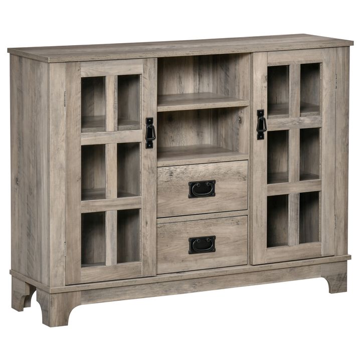 Kitchen Sideboard, Glass Door Buffet Cabinet, Server Cupboard with Storage Drawers & Adjustable Shelves for Living Room, Grey