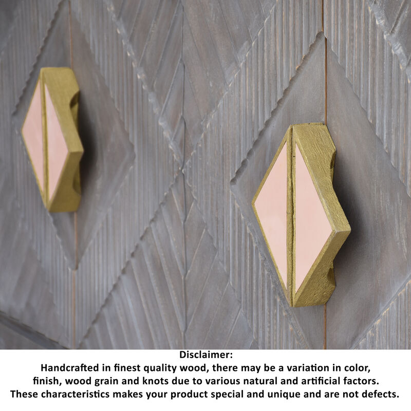 Abiel 55 Inch Mango Wood Sideboard Buffet Cabinet Console, 4 Doors, Inner Shelf, Ornate Diamond Carving, Gray