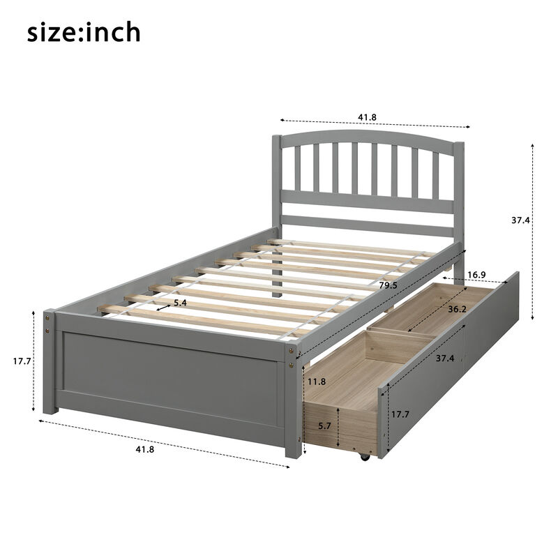 Whisen Elegant Design Twin Size Platform Bed with Two Drawers and Headboard - Gray