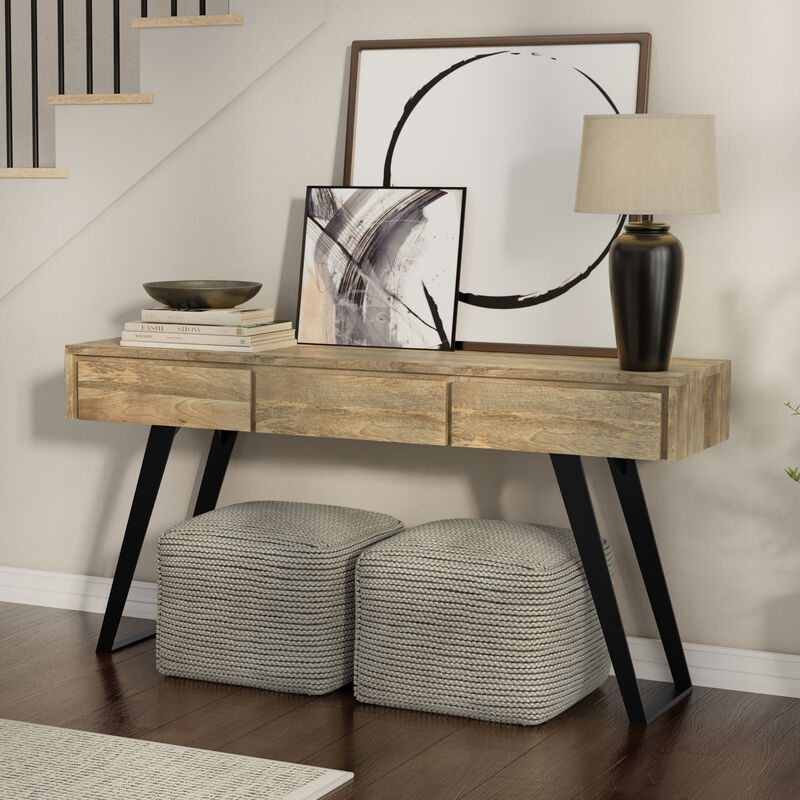 Lowry SOLID MANGO WOOD 60 inch Wide Modern Industrial Console Sofa Table in Natural